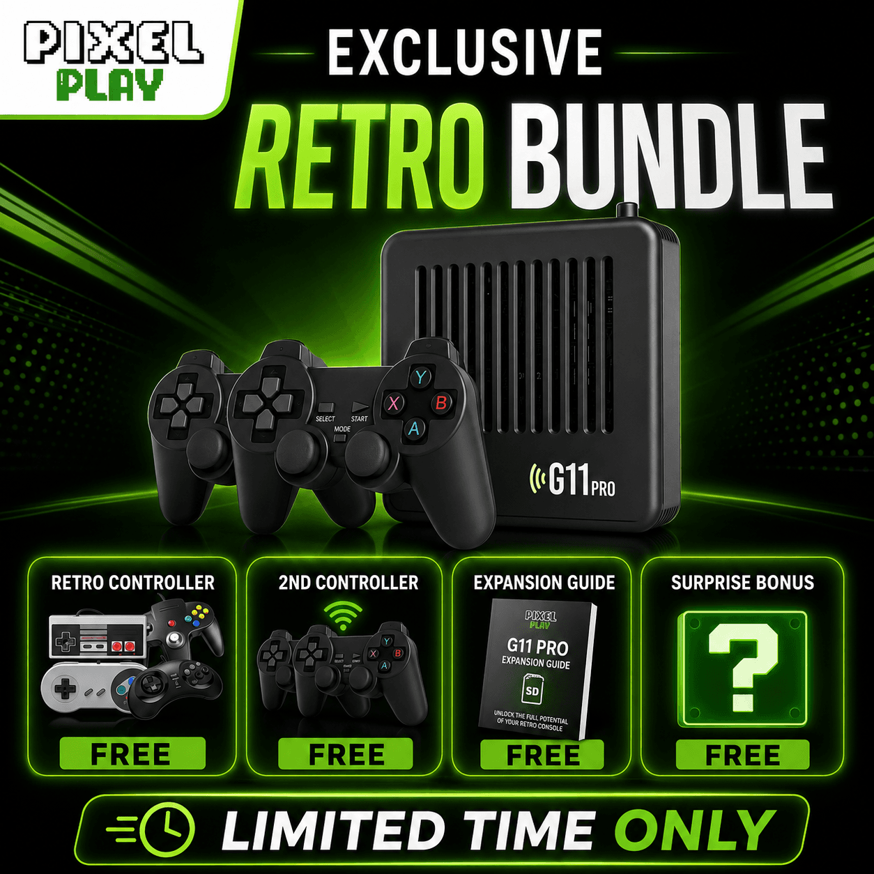 PixelPlay G11 Pro retro console bundle with three controllers